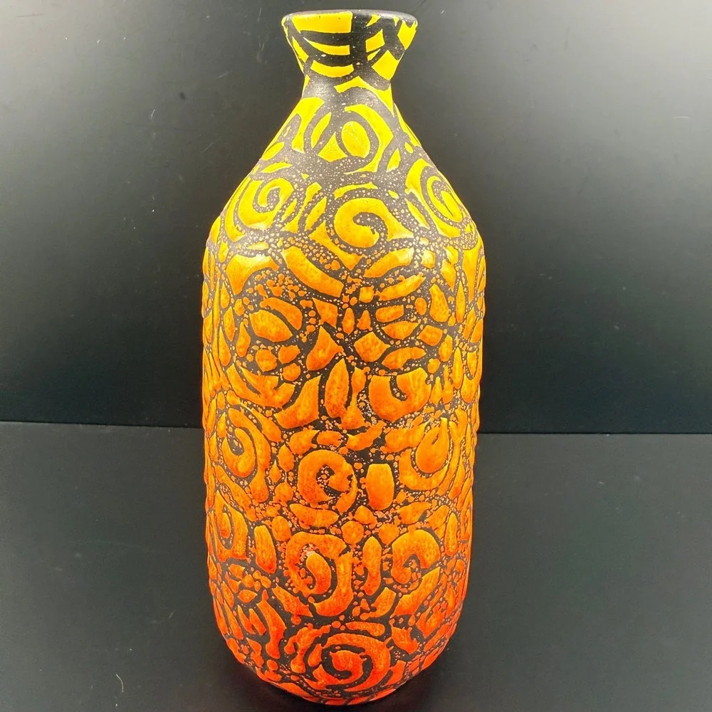 Alvino Bagni for Raymor Sgraffito Italian Pottery Vase Orange Yellow Mid Century